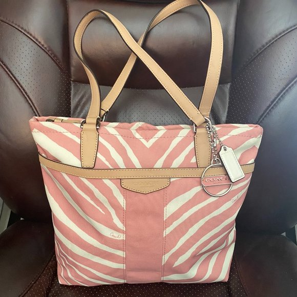 PINK/WHITE CANVAS COACH ZEBRA STRIPE TOTE - Picture 1 of 4
